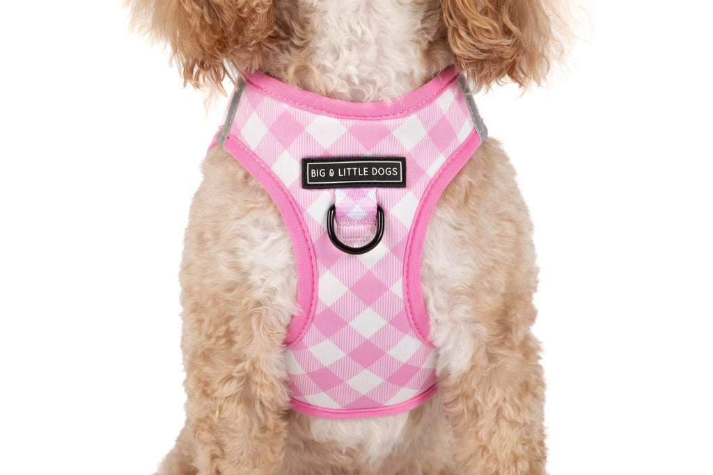 STEP-IN DOG HARNESS: Pink Milk Gingham
