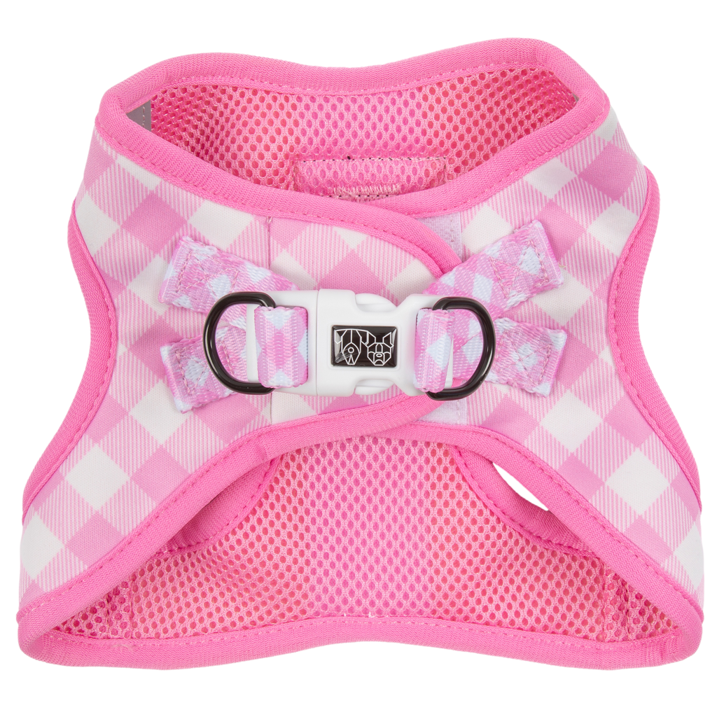STEP-IN DOG HARNESS: Pink Milk Gingham